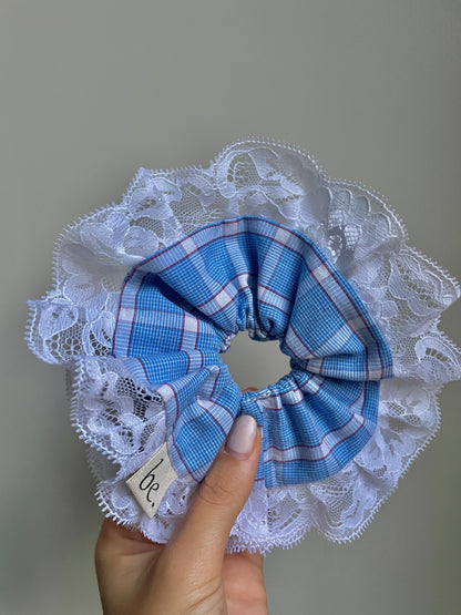 Blue Check White Lace Scrunchie