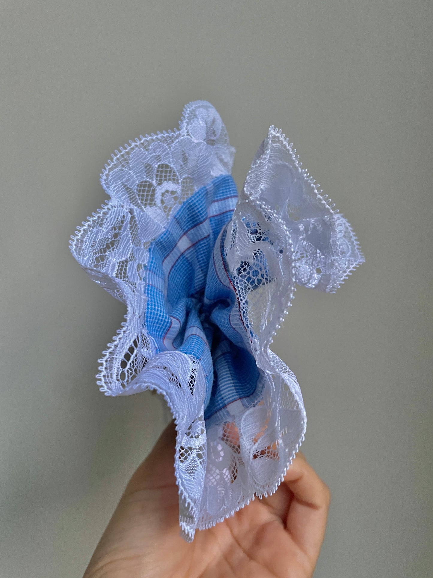 Blue Check White Lace Scrunchie