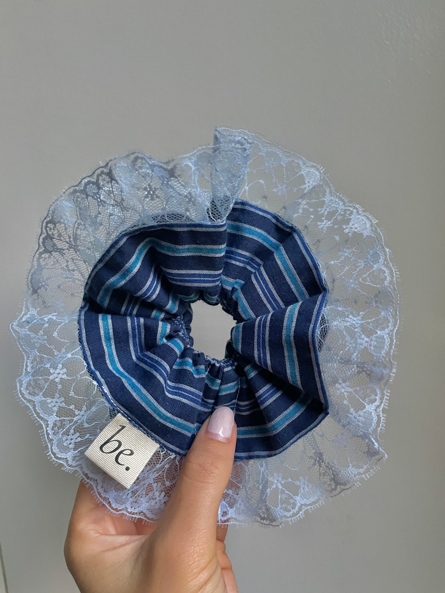 Navy Stripe Blue Lace Scrunchie