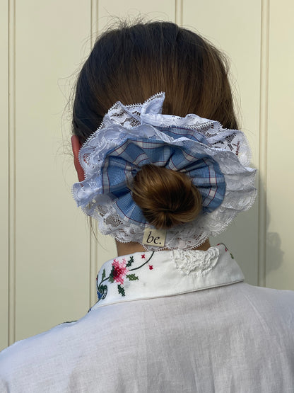 Blue Check White Lace Scrunchie